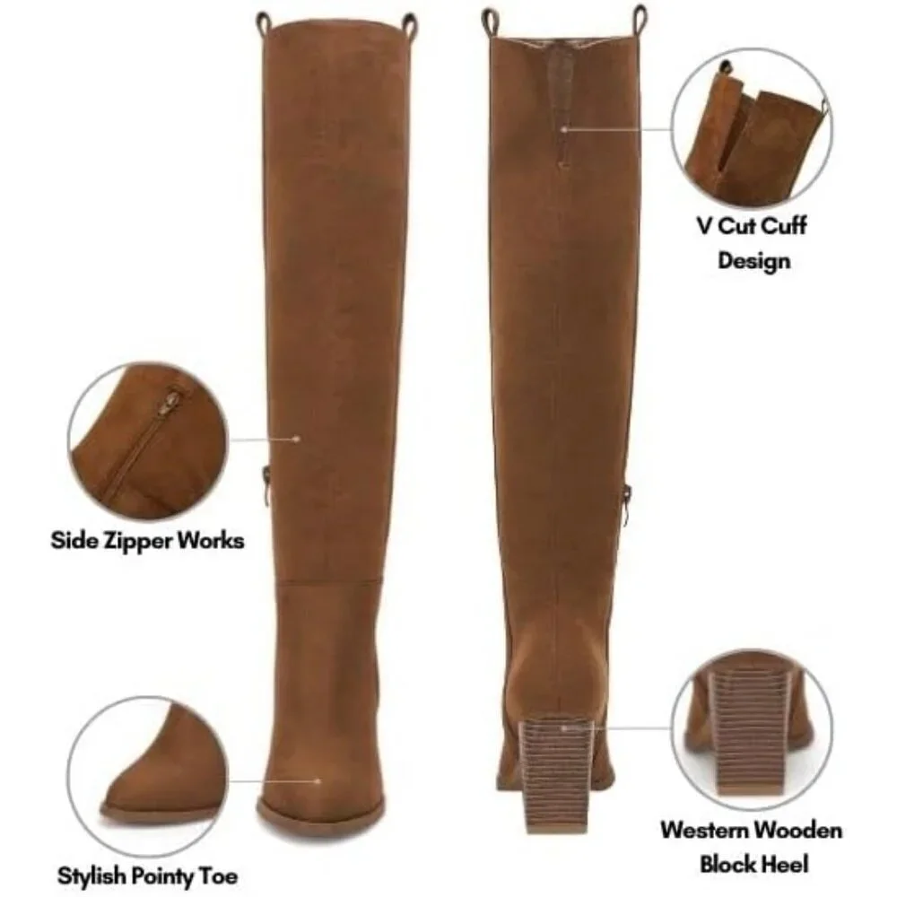 Womens Brown Faux Suede Knee High Side Zipper Chunky Heel Stretch Winter Boots
